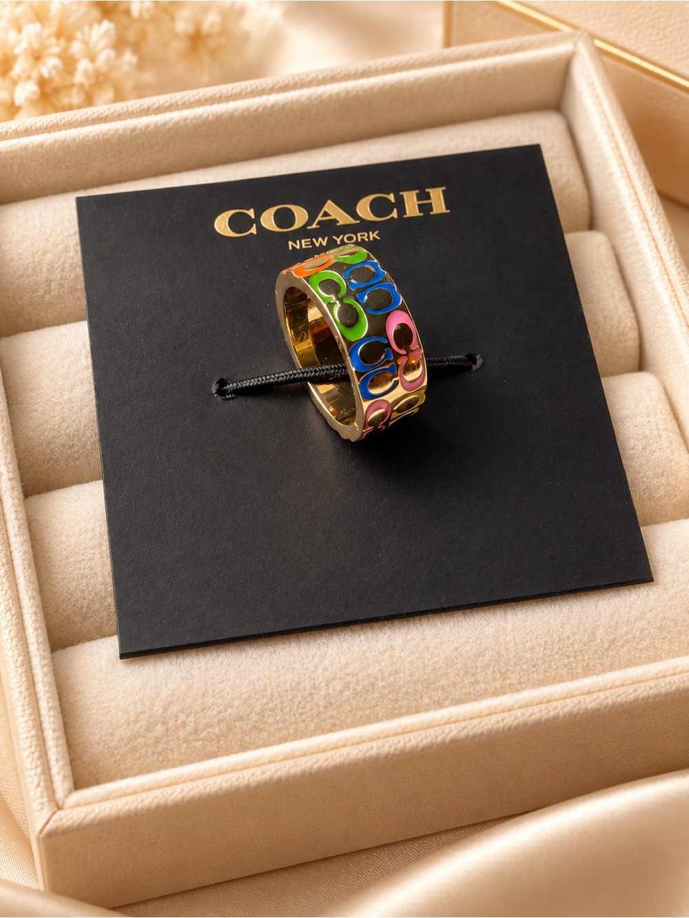 Coach Gold-Tone Enamel Signature Ring with Blue, Green & Pink Accents
